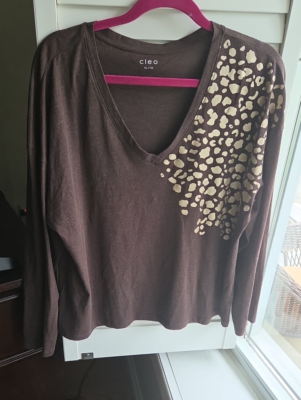 cleo Brown V-Neck Long Sleeve Top with Cream Leopard Print